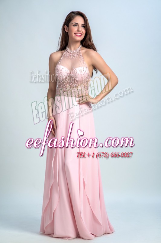 Most Popular Halter Top Baby Pink Empire Beading Evening Dress Criss Cross Chiffon Sleeveless Floor Length