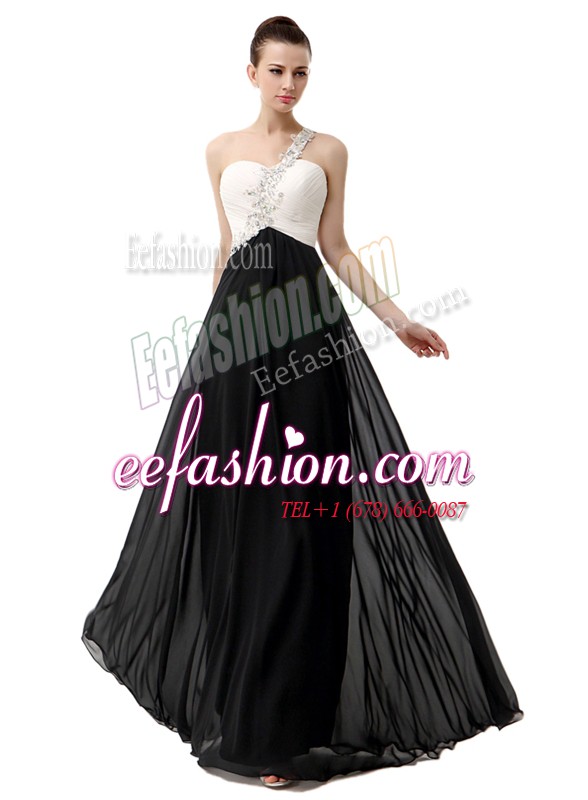 Clearance One Shoulder Sleeveless Chiffon Floor Length Zipper in White And Black with Beading