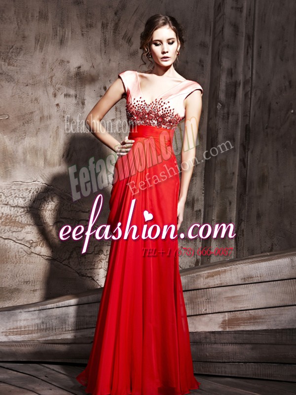  Coral Red Cap Sleeves Chiffon Backless Prom Dresses for Prom and Party