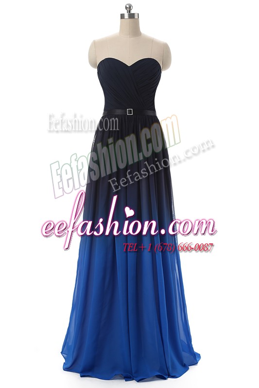  Floor Length Blue And Black Prom Evening Gown Chiffon Sleeveless Ruching and Belt