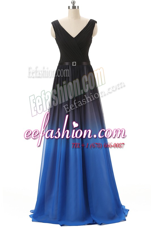 New Style Blue And Black Sleeveless Chiffon Brush Train Lace Up for Prom and Party