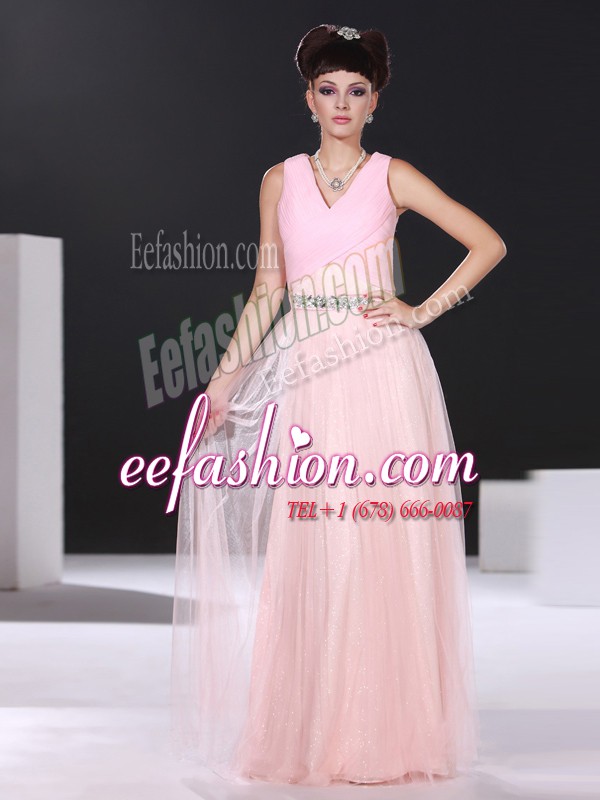 Top Selling Pink Side Zipper Prom Dresses Beading and Ruching Sleeveless Floor Length