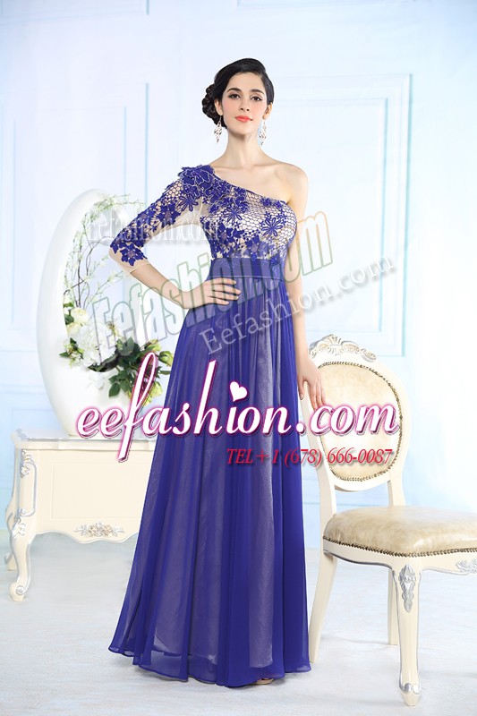  Blue Side Zipper One Shoulder Beading and Appliques Evening Dress Chiffon Long Sleeves