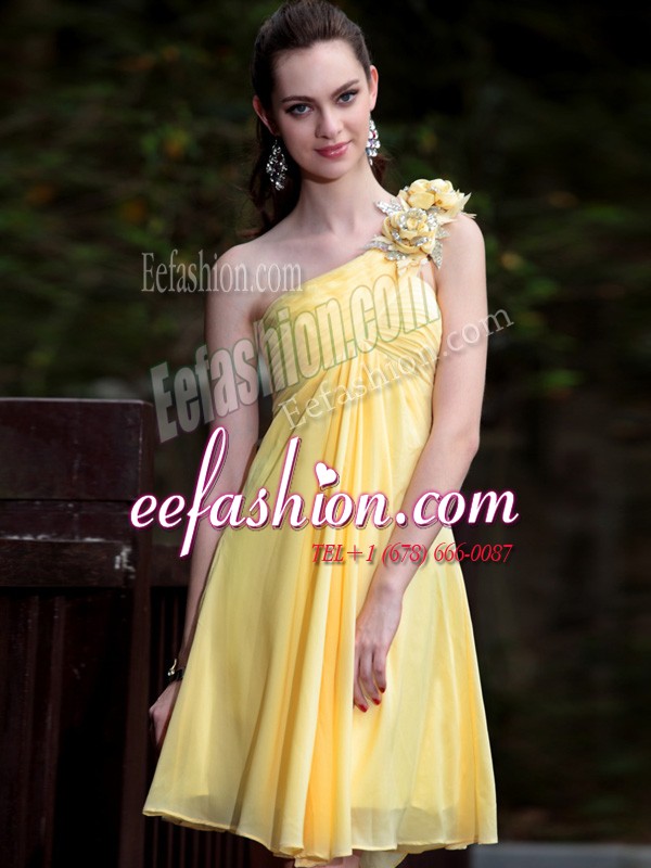 Sweet Yellow Zipper One Shoulder Hand Made Flower Going Out Dresses Satin Sleeveless