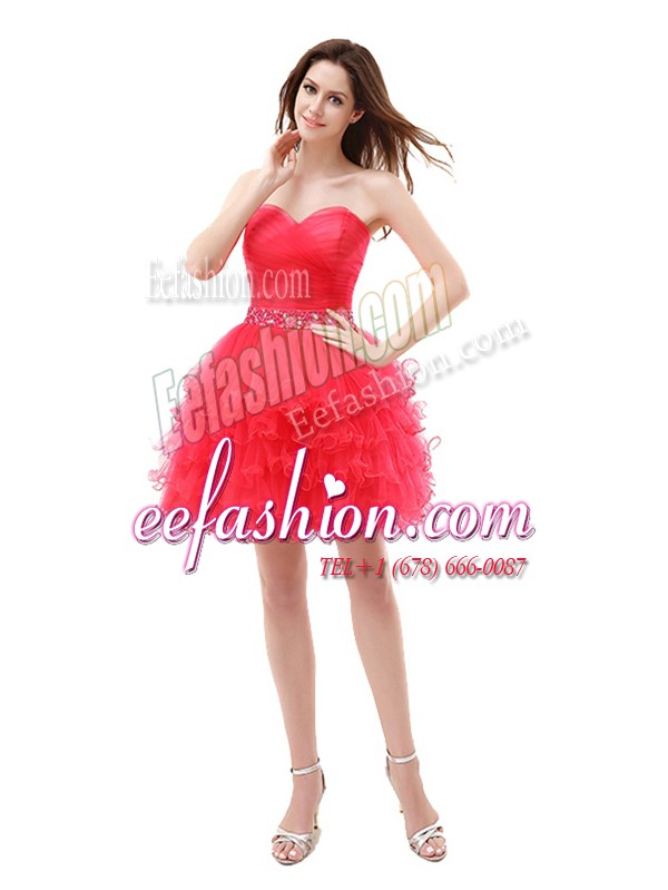  Ruffled A-line Evening Dress Red Sweetheart Organza Sleeveless Knee Length Zipper
