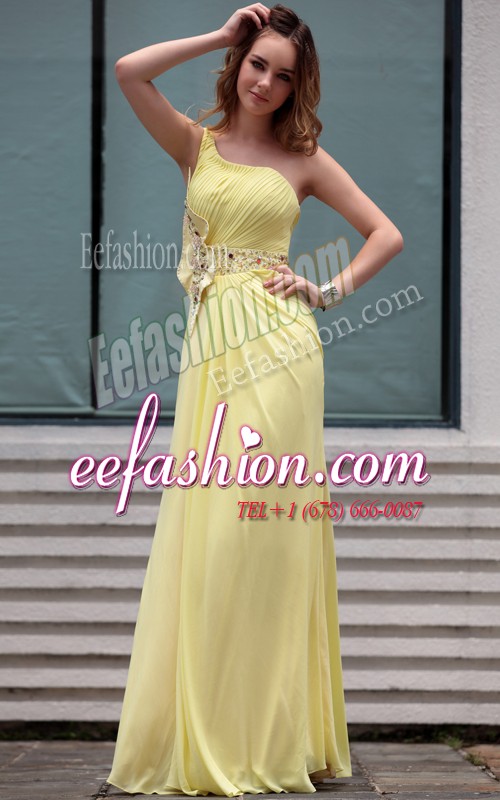  One Shoulder Light Yellow Side Zipper Prom Party Dress Beading Sleeveless Floor Length