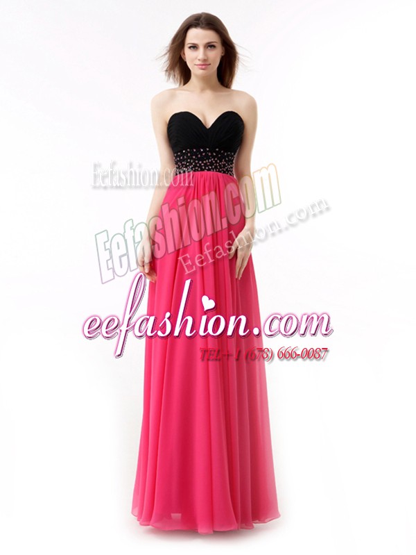 Decent Pink And Black Sleeveless Beading and Ruffles Floor Length Dress for Prom