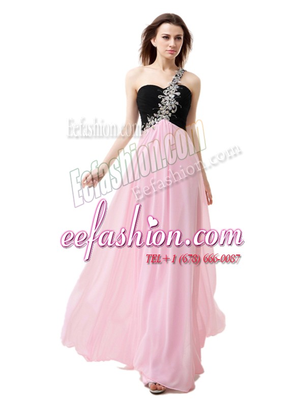  One Shoulder Pink And Black Empire Beading and Appliques and Ruffles Prom Party Dress Zipper Chiffon Sleeveless Floor Length