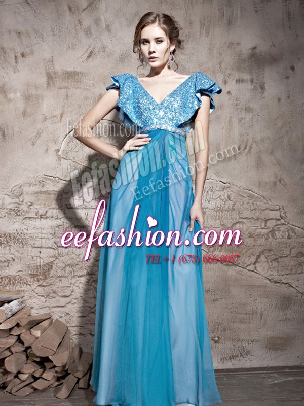  Cap Sleeves Floor Length Sequins Zipper Prom Party Dress with Teal 