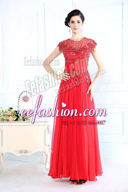 Scoop Floor Length Zipper Prom Party Dress Coral Red for Prom and Party with Beading