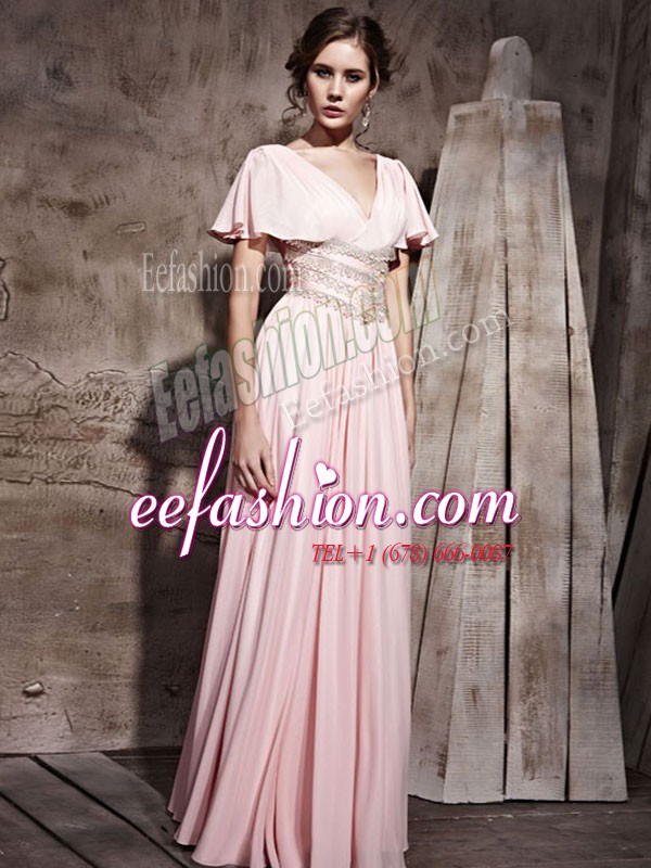  Pink Column/Sheath V-neck Short Sleeves Chiffon Floor Length Side Zipper Beading and Ruching Mother Of The Bride Dress