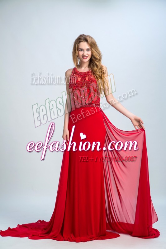  Scoop Sleeveless With Train Beading Side Zipper Prom Evening Gown with Red Court Train