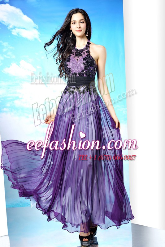  Halter Top Purple Column/Sheath Lace Prom Evening Gown Zipper Chiffon Sleeveless Floor Length
