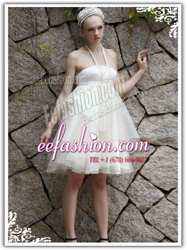  Empire Homecoming Dress White Halter Top Organza Sleeveless Knee Length Zipper