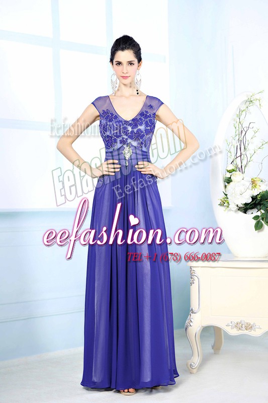  Scoop Sleeveless Floor Length Beading and Appliques Zipper Prom Evening Gown with Blue