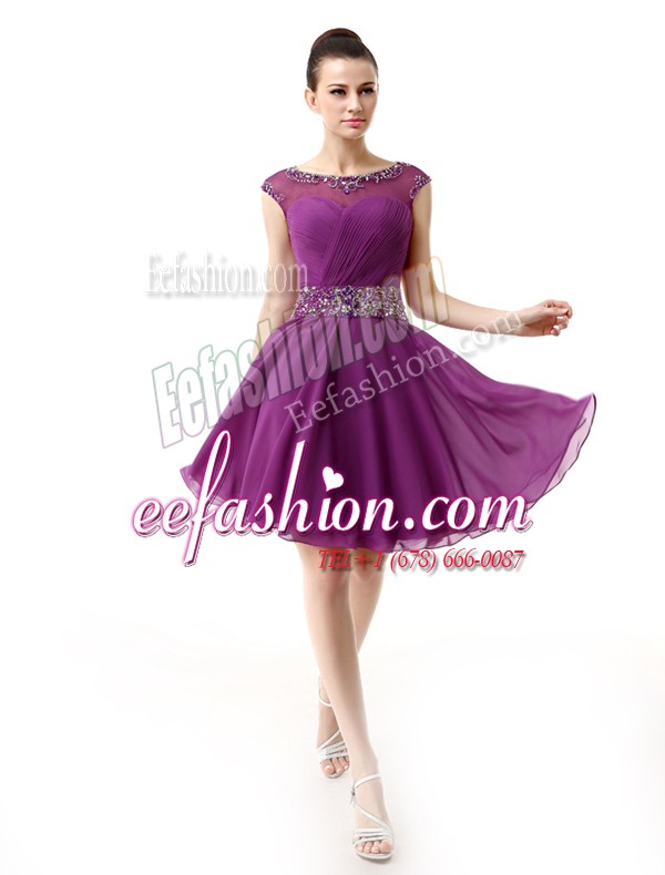 Scoop Dark Purple Side Zipper Prom Evening Gown Beading and Ruffles Cap Sleeves Mini Length