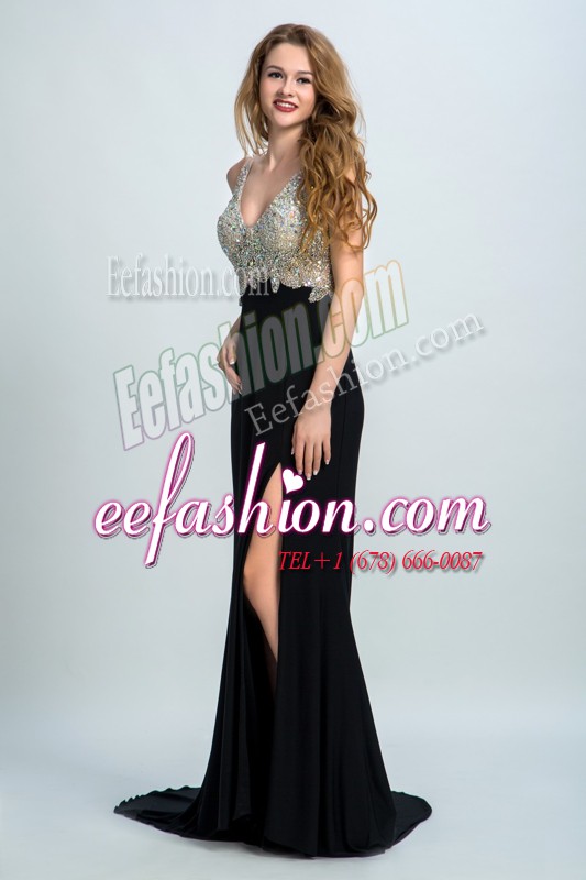 On Sale Black Prom Dresses Prom and Party and For with Beading Straps Sleeveless Brush Train Backless