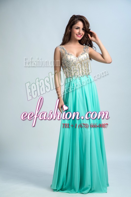  Sleeveless Chiffon Floor Length Zipper Prom Gown in Aqua Blue with Beading and Appliques