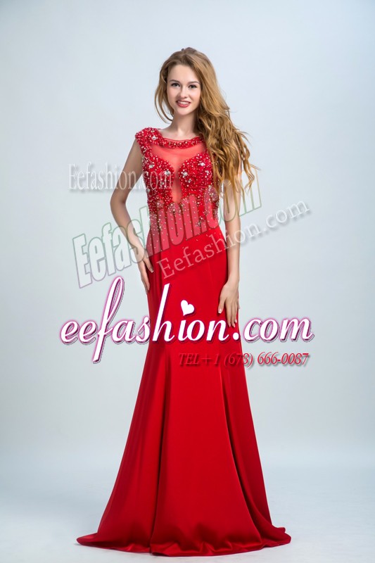  Mermaid Scoop Red Sleeveless Chiffon Brush Train Side Zipper for Prom and Party