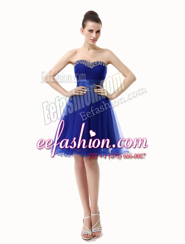  Royal Blue Organza Lace Up Homecoming Dress Sleeveless Knee Length Ruffled Layers and Sequins and Ruching