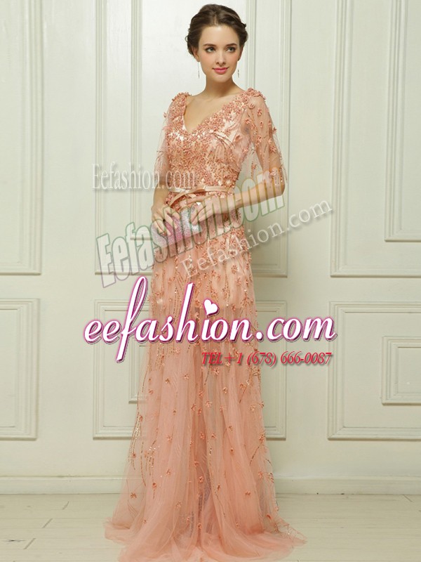  Tulle Cap Sleeves With Train Prom Party Dress Brush Train and Beading and Appliques