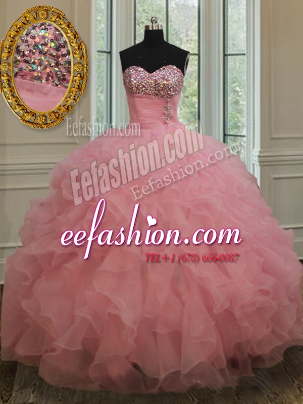 Artistic Baby Pink Ball Gown Prom Dress Organza Sleeveless Beading and Ruffles and Sequins