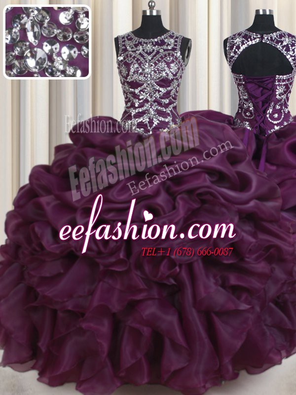 Pretty Scoop Dark Purple Ball Gowns Beading and Ruffles and Pick Ups Quince Ball Gowns Lace Up Organza Sleeveless Floor Length