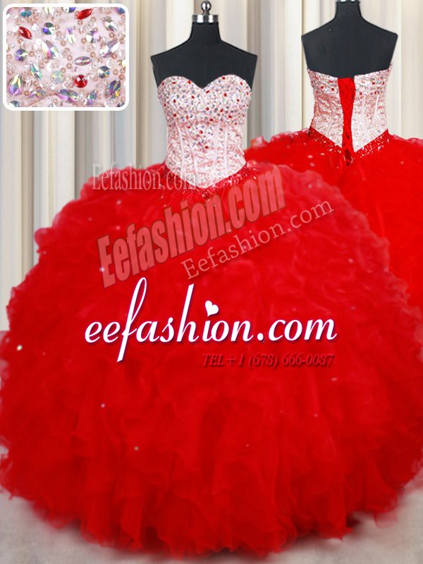 Lovely Ball Gowns 15th Birthday Dress Red Sweetheart Tulle Sleeveless Floor Length Lace Up