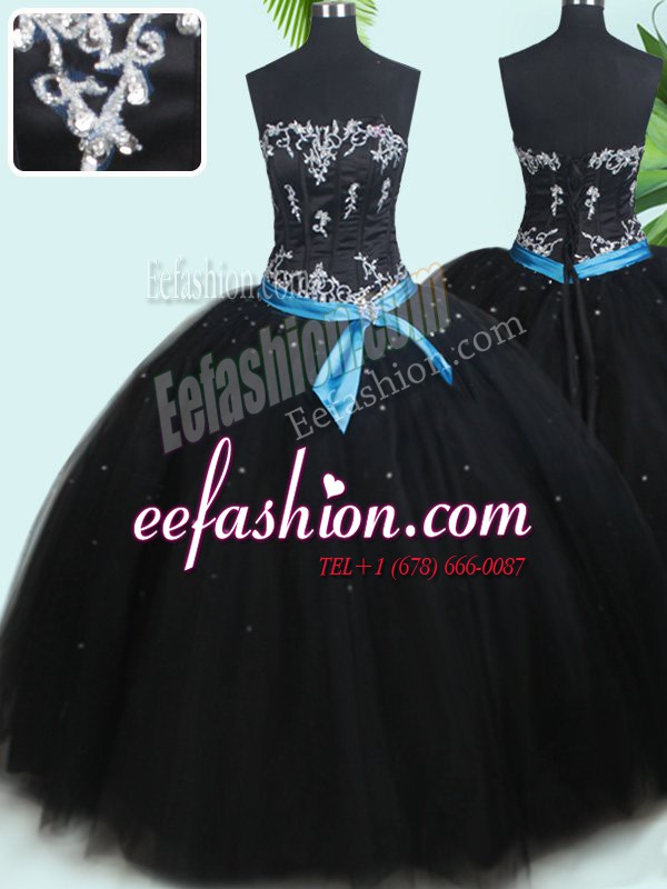  Black Strapless Neckline Beading and Belt Quinceanera Dresses Sleeveless Lace Up