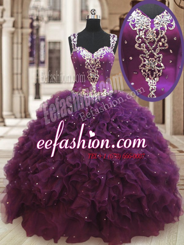 Fine Straps Floor Length Ball Gowns Sleeveless Dark Purple Quinceanera Gown Zipper