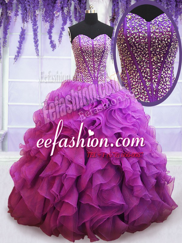  Floor Length Eggplant Purple Quinceanera Gowns Organza Sleeveless Beading and Ruffles