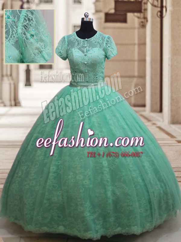 Exceptional Scoop Short Sleeves Lace Floor Length Zipper Sweet 16 Dress in Apple Green with Lace