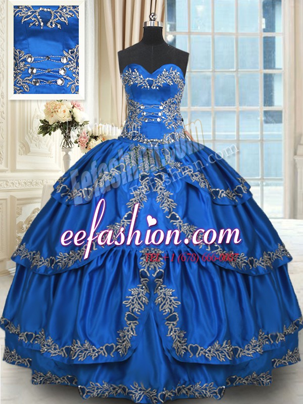  Blue Sleeveless Beading and Embroidery and Ruffled Layers Floor Length Quinceanera Dresses
