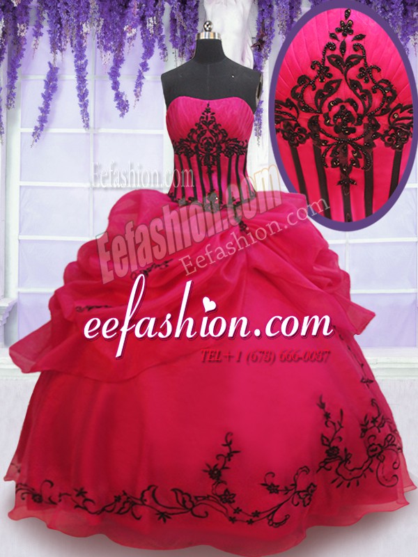 Coral Red Sleeveless Embroidery and Pick Ups Floor Length Quinceanera Dress