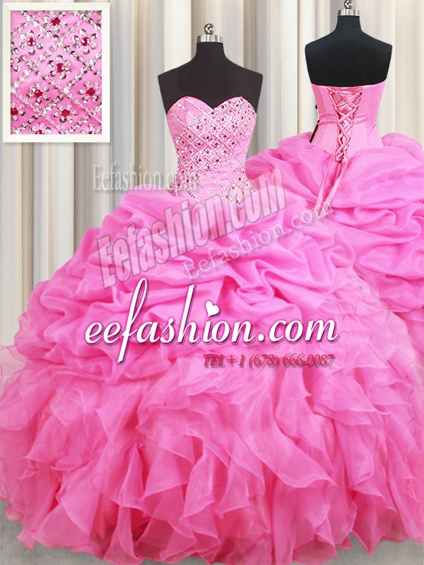 Wonderful Pick Ups Rose Pink Sleeveless Organza Lace Up Quince Ball Gowns for Military Ball and Sweet 16 and Quinceanera