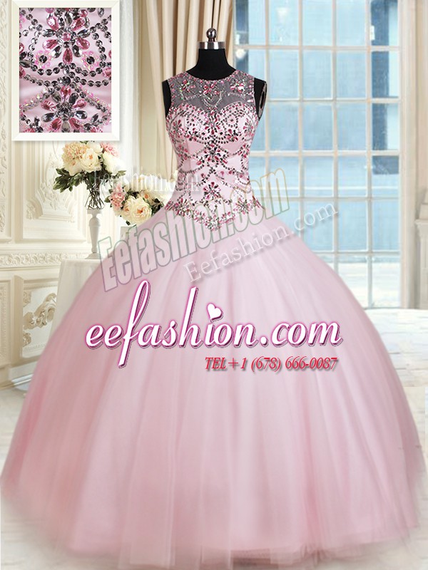  Scoop Sleeveless Tulle Floor Length Lace Up Sweet 16 Dresses in Baby Pink with Beading