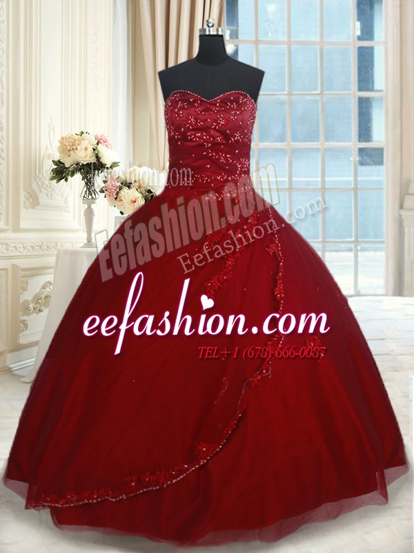  Beading and Appliques Quince Ball Gowns Wine Red Lace Up Sleeveless Floor Length