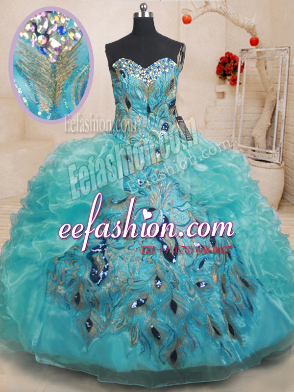 Custom Design Sweetheart Sleeveless Sweet 16 Dresses Floor Length Beading and Embroidery and Ruffles Teal Organza