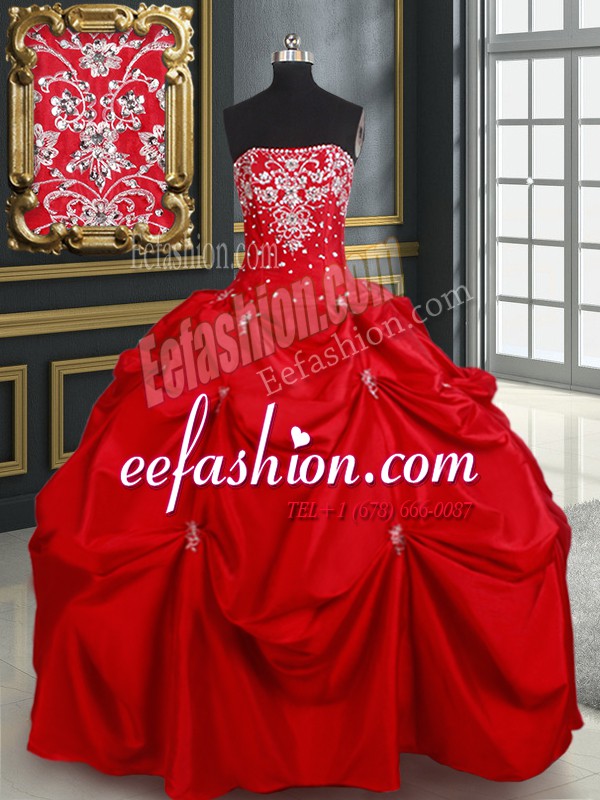 Glorious Red Sleeveless Floor Length Beading and Pick Ups Lace Up Quince Ball Gowns