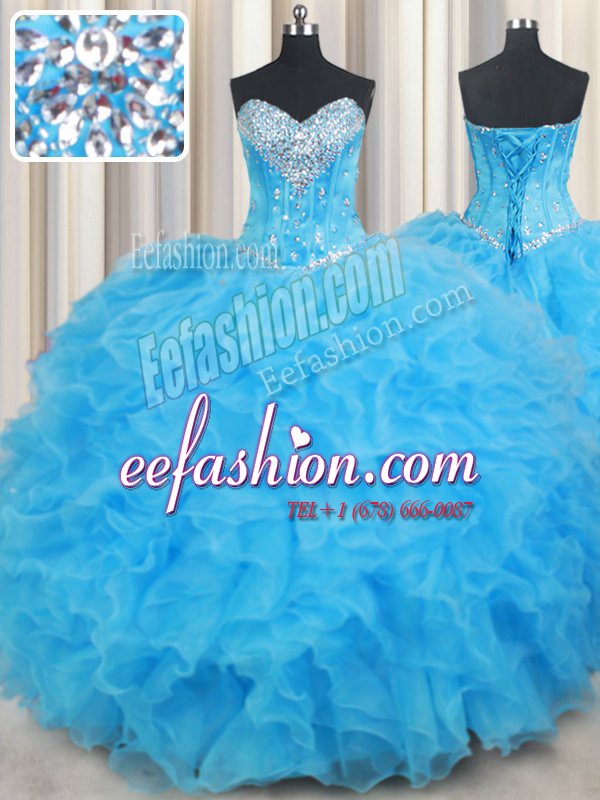 Simple Sleeveless Floor Length Beading and Ruffled Layers Lace Up Quinceanera Dresses with Baby Blue