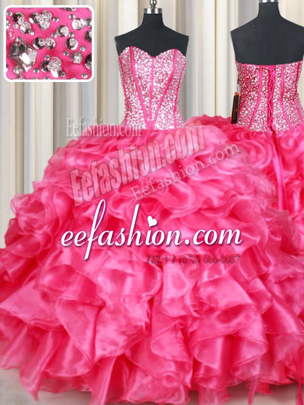Customized Sweetheart Sleeveless Organza Quinceanera Gowns Beading and Ruffles Lace Up