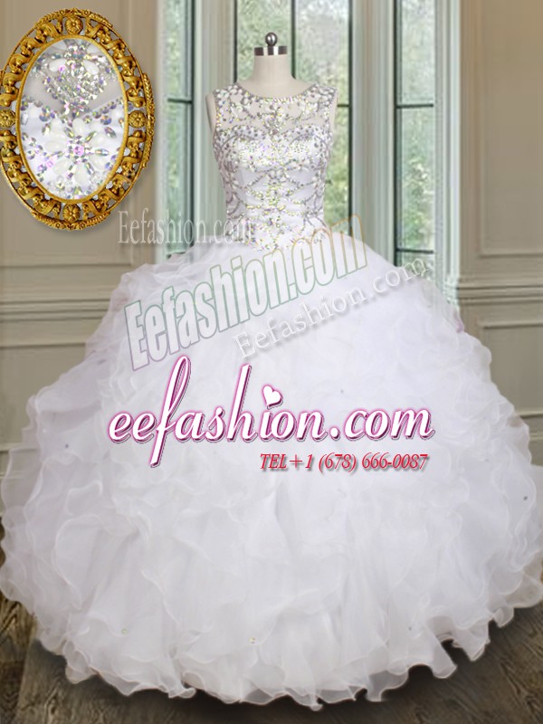  White Lace Up Scoop Beading and Ruffles Quinceanera Gown Organza Sleeveless