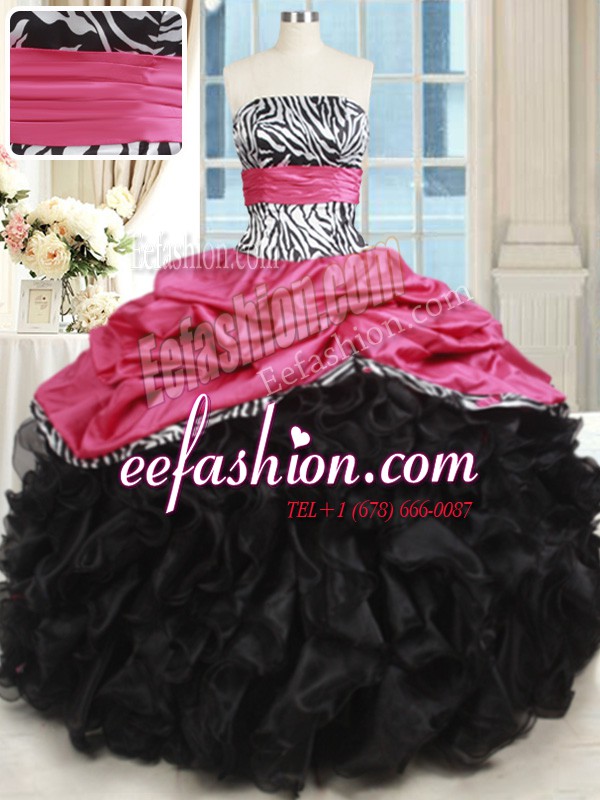 Glamorous Pink And Black Strapless Neckline Beading and Ruffles Sweet 16 Dress Sleeveless Lace Up