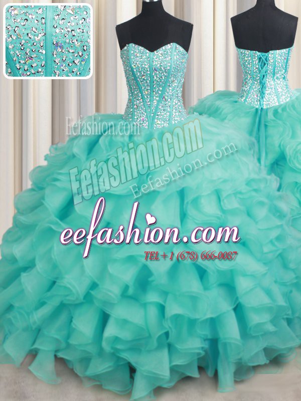  Turquoise Sleeveless Beading and Ruffles 15th Birthday Dress
