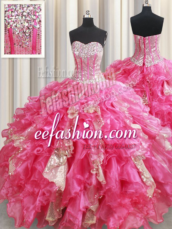 Low Price Hot Pink Organza Lace Up Sweet 16 Quinceanera Dress Sleeveless Floor Length Beading and Ruffles and Sequins