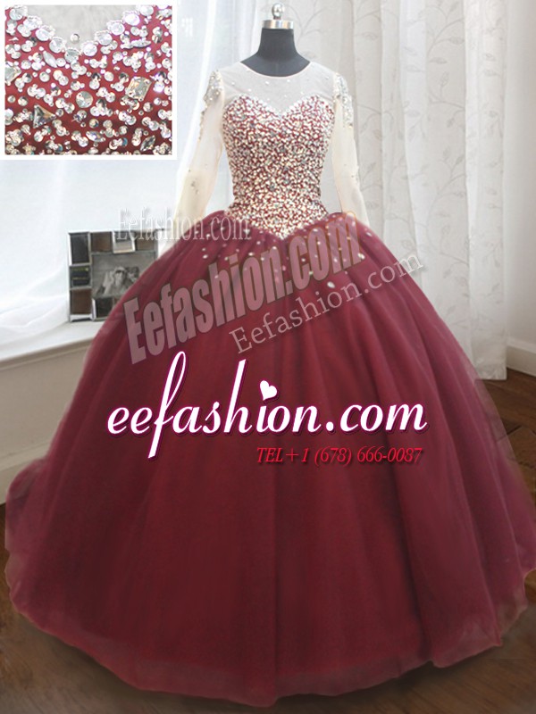 Traditional Scoop Long Sleeves Court Train Lace Up Beading and Sequins Quinceanera Dress