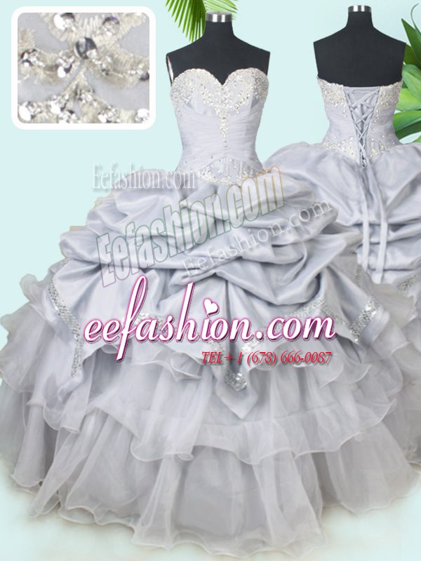 Perfect Grey Ball Gowns Beading and Sequins and Pick Ups Quinceanera Gowns Lace Up Organza and Taffeta Sleeveless Floor Length