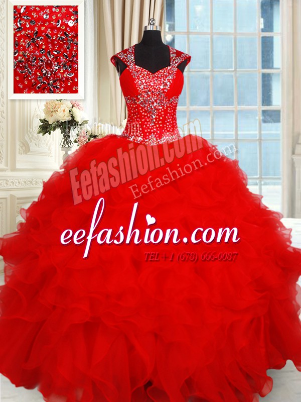 Latest Sweetheart Cap Sleeves Organza Quinceanera Dresses Beading and Ruffles Backless
