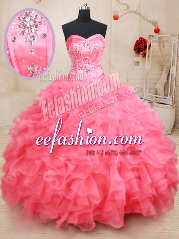  Ball Gowns Quinceanera Dresses Pink Sweetheart Organza Sleeveless Floor Length Lace Up