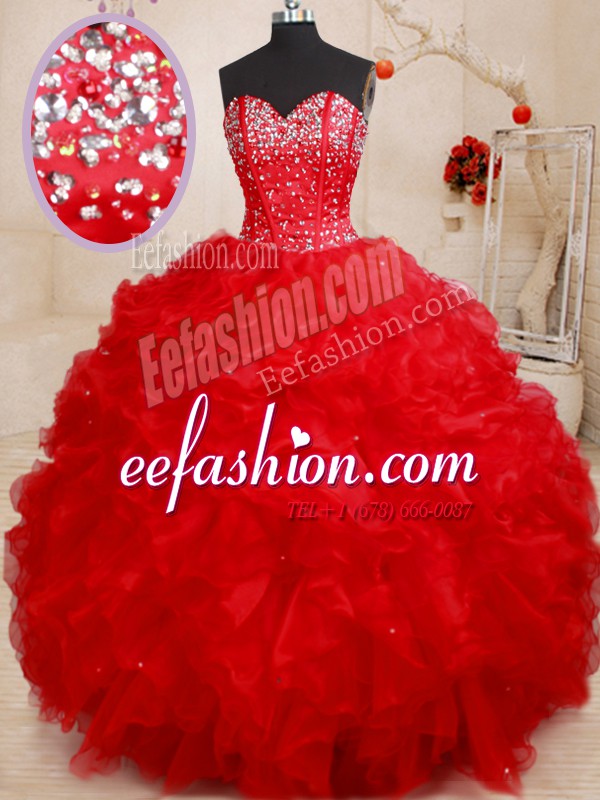 Wonderful Floor Length Ball Gowns Sleeveless Red Quince Ball Gowns Lace Up